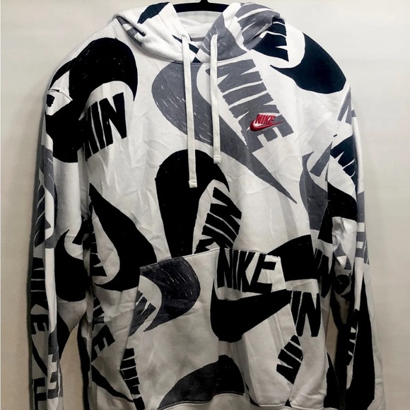 Nike Other - Nike Sportswear Fleece Mens Size Med White Black Spellout All Over Logo Hoodie